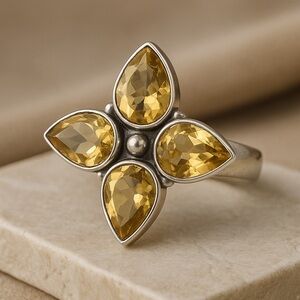 Artisan Citrine Four Stone Pear Cut Petal Ring - Natural Gemstone NWOT 5 #380